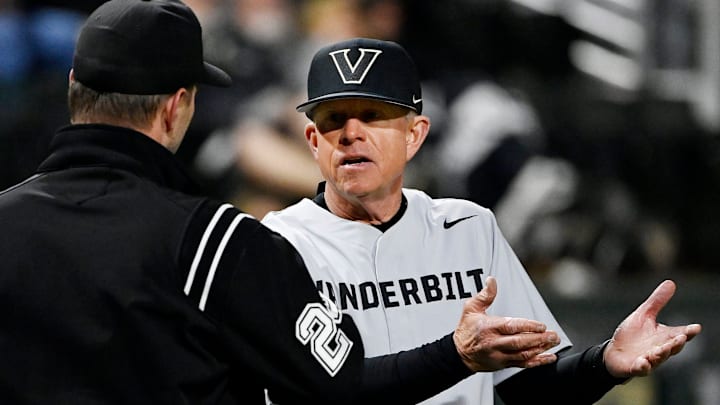 Vanderbilt head coach Tim Corbin argues with a umpire after a balk was called on pitcher Luke Guth in the sixth inning of an NCAA college baseball game at Hawkins Field Tuesday, Feb. 25, 2025, in Nashville, Tenn. Vanderbilt head coach Tim Corbin argues with a umpire after a balk was called on pitcher Luke Guth in the sixth inning of an NCAA college baseball game at Hawkins Field Tuesday, Feb. 25, 2025, in Nashville, Tenn.