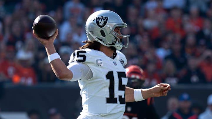 Las Vegas Raiders quarterback Gardner Minshew II (15) throws a pass in the first quarter of the NFL game at Paycor Stadium in Cincinnati on Sunday, Nov. 3, 2024.