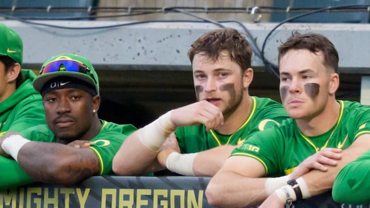 Oregon lines the dugout as the Oregon Ducks host the Oregon State Beavers on March 3, 2026, at PK Park in Eugene, Oregon.