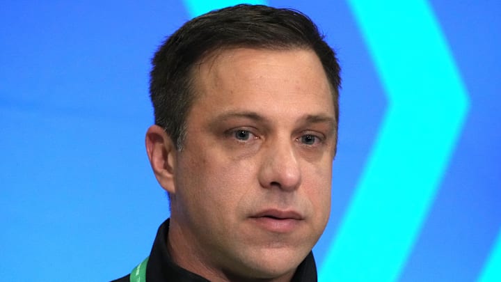 Feb 27, 2024; Indianapolis, IN, USA; Kansas City Chiefs general manager Brett Veach speaks during a press conference at the NFL Scouting Combine at Indiana Convention Center. Mandatory Credit: Kirby Lee-Imagn Images