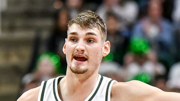 Michigan State's Carson Cooper communicates with teammates after making a shot against Ohio State during the first half on Sunday, Feb. 22, 2026, at the Breslin Center in East Lansing. Michigan State's Carson Cooper communicates with teammates after making a shot against Ohio State during the first half on Sunday, Feb. 22, 2026, at the Breslin Center in East Lansing.