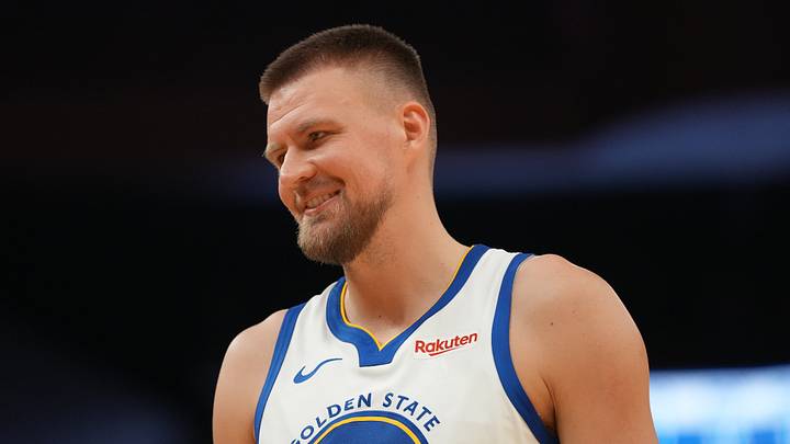 Apr 5, 2026; San Francisco, California, USA; Golden State Warriors forward Kristaps Porzingis (7) smiles during a break in the action against the Houston Rockets in the second quarter at the Chase Center. Mandatory Credit: Cary Edmondson-Imagn Images