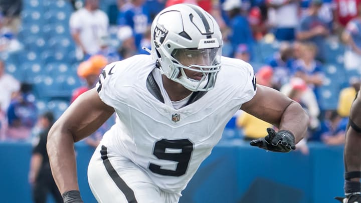 Sep 17, 2023; Orchard Park, New York, USA; Las Vegas Raiders defensive end Tyree Wilson (9) rushes against the Buffalo Bills in the fourth quarter at Highmark Stadium. Mandatory Credit: Mark Konezny-Imagn Images Sep 17, 2023; Orchard Park, New York, USA; Las Vegas Raiders defensive end Tyree Wilson (9) rushes against the Buffalo Bills in the fourth quarter at Highmark Stadium. Mandatory Credit: Mark Konezny-Imagn Images