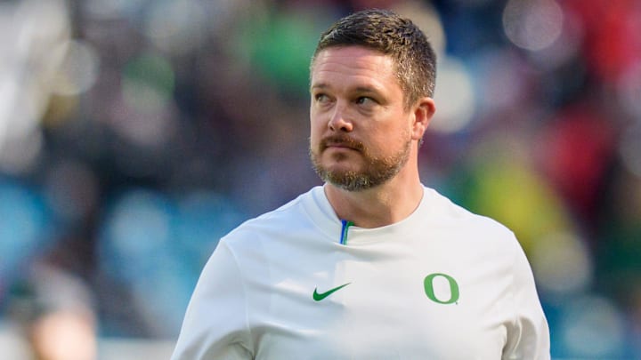 Oregon head coach Dan Lanning walks the field during warmups as the Oregon Ducks take on the Texas Tech Red Raiders in the Orange Bowl on Jan. 1, 2026, at Hard Rock Stadium in Miami, Florida.