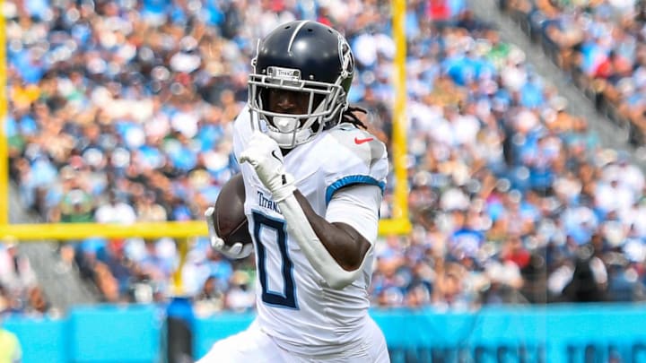 Sep 15, 2024; Nashville, Tennessee, USA; Tennessee Titans wide receiver Calvin Ridley (0) against the New York Jets during the first half at Nissan Stadium. Mandatory Credit: Steve Roberts-Imagn Images Sep 15, 2024; Nashville, Tennessee, USA; Tennessee Titans wide receiver Calvin Ridley (0) against the New York Jets during the first half at Nissan Stadium. Mandatory Credit: Steve Roberts-Imagn Images