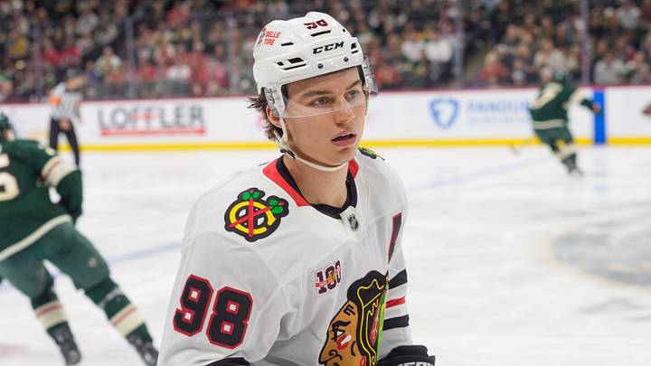 Mar 19, 2026; Saint Paul, Minnesota, USA; Chicago Blackhawks center Connor Bedard (98) skates to the bench after a shift against the Minnesota Wild in the third period at Grand Casino Arena. Mandatory Credit: Matt Blewett-Imagn Images