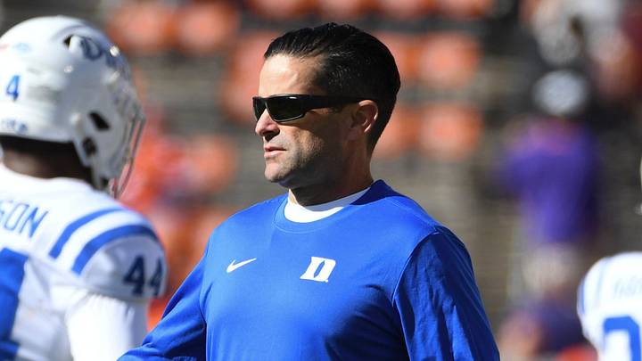 Duke Blue Devils head coach Manny Diaz high-fives players Saturday, Nov. 1, 2025, during the NCAA football game against the Clemson Tigers at Memorial Stadium in Clemson, South Carolina. Duke Blue Devils head coach Manny Diaz high-fives players Saturday, Nov. 1, 2025, during the NCAA football game against the Clemson Tigers at Memorial Stadium in Clemson, South Carolina.