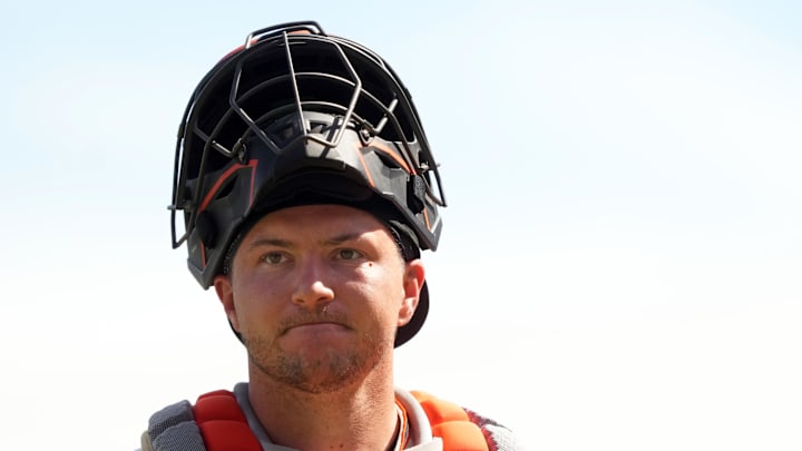 Mar 27, 2026; San Francisco, California, USA; San Francisco Giants catcher Patrick Bailey (14) during the fourth inning against the New York Yankees at Oracle Park. Mandatory Credit: Darren Yamashita-Imagn Images