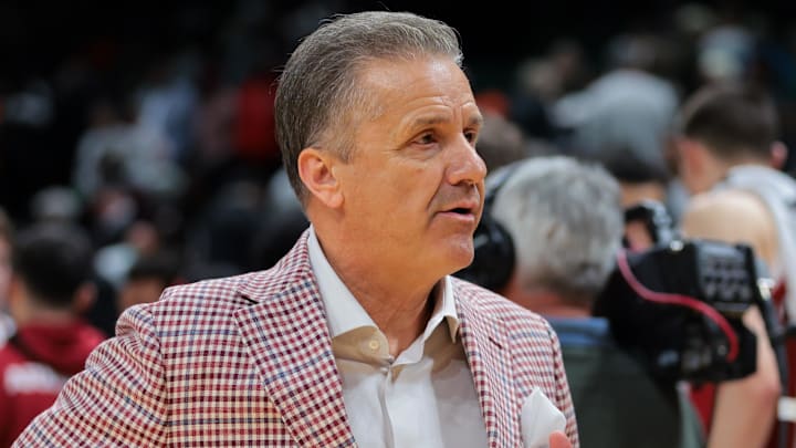 Arkansas Razorbacks coach John Calipari looks on after the game against the Miami Hurricanes at Watsco Center in Coral Gables, Fla.,, Tuesday night. The Hall of Fame coach added to his victory list, which tops all active coaches. 