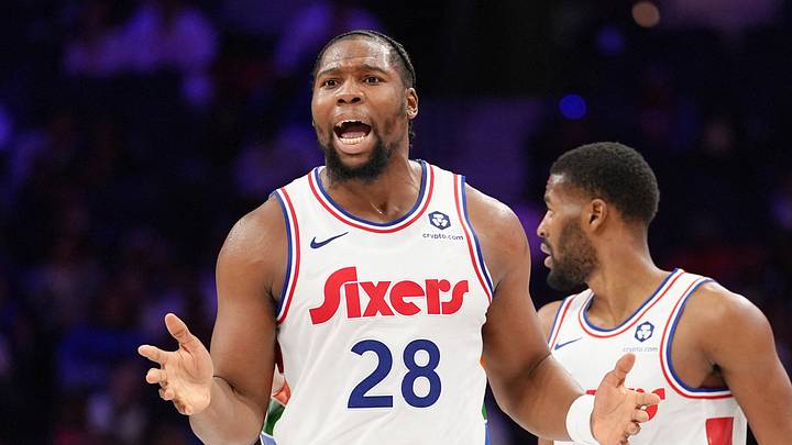 Philadelphia 76ers forward Guerschon Yabusele (28) reacts against the Minnesota Timberwolves in the third quarter at Wells Fargo Center. Philadelphia 76ers forward Guerschon Yabusele (28) reacts against the Minnesota Timberwolves in the third quarter at Wells Fargo Center.