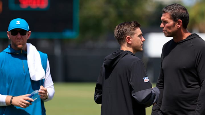 From left, Jacksonville Jaguars head coach Liam Coen, general manager James Gladstone and Tony Boselli, executive vice president of football operations, talk after an NFL training camp session at the Miller Electric Center, Thursday, Aug. 14, 2025 in Jacksonville, Fla. From left, Jacksonville Jaguars head coach Liam Coen, general manager James Gladstone and Tony Boselli, executive vice president of football operations, talk after an NFL training camp session at the Miller Electric Center, Thursday, Aug. 14, 2025 in Jacksonville, Fla.