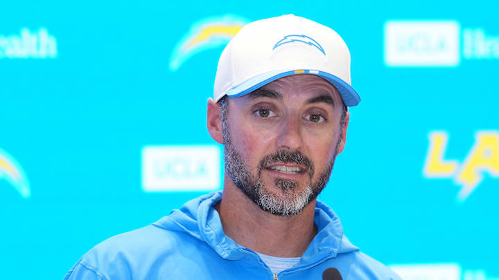 Aug 7, 2025; El Segundo, CA, USA; Los Angeles Chargers defensive coordinator Jesse Minter at press conference during training camp at The Bolt. Mandatory Credit: Kirby Lee-Imagn Images