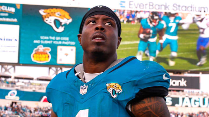 Jacksonville Jaguars running back Travis Etienne Jr. (1) walks off the field after losing to the Bills during an NFL football AFC Wild Card playoff matchup, Sunday, Jan. 11, 2026, in Jacksonville, Fla. Bills lead 10-7 at the half over the Jaguars. The Bills defeated the Jaguars 27-24.