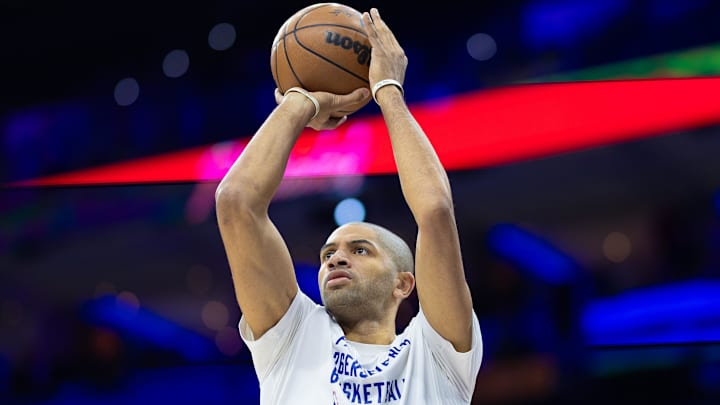 Apr 14, 2024; Philadelphia, Pennsylvania, USA; Philadelphia 76ers forward Nicolas Batum before action against the Brooklyn Nets at Wells Fargo Center. Mandatory Credit: Bill Streicher-Imagn Images
