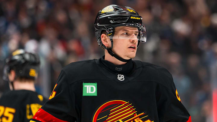 Jan 31, 2026; Vancouver, British Columbia, CAN; Vancouver Canucks forward David Kampf (64) during a stop in play against the Toronto Maple Leafs in the first period at Rogers Arena. Mandatory Credit: Bob Frid-Imagn Images Jan 31, 2026; Vancouver, British Columbia, CAN; Vancouver Canucks forward David Kampf (64) during a stop in play against the Toronto Maple Leafs in the first period at Rogers Arena. Mandatory Credit: Bob Frid-Imagn Images