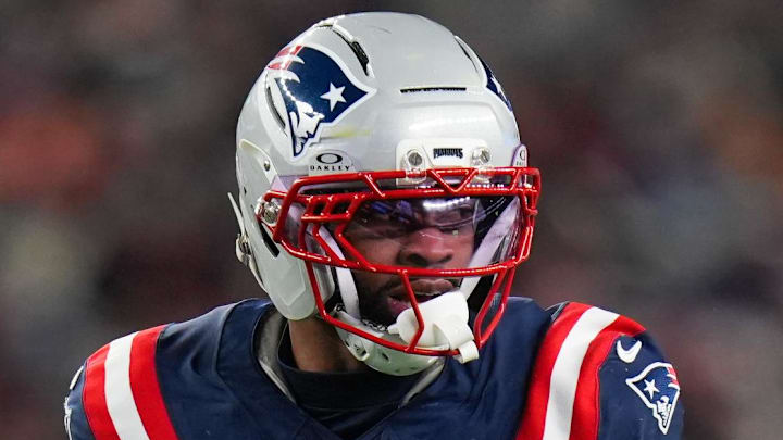Jan 11, 2026; Foxborough, MA, USA; New England Patriots linebacker K'lavon Chaisson (44) celebrates a sack during the second quarter against the Los Angeles Chargers in an AFC Wild Card Round game at Gillette Stadium. Mandatory Credit: David Butler II-Imagn Images