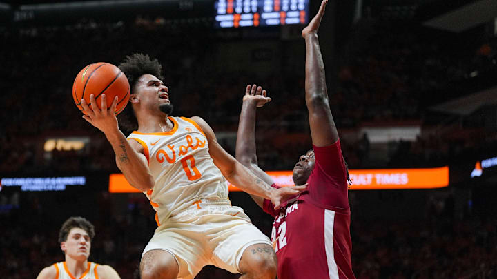 Tennessee guard Ja'Kobi Gillespie (0) jumps to shoot the ball in front of Alabama forward Aiden Sherrell (22) during a NCAA basketball game between Tennessee and Alabama at Thompson-Boling Arena at Food City Center in Knoxville, Tenn., on Feb. 28, 2026.