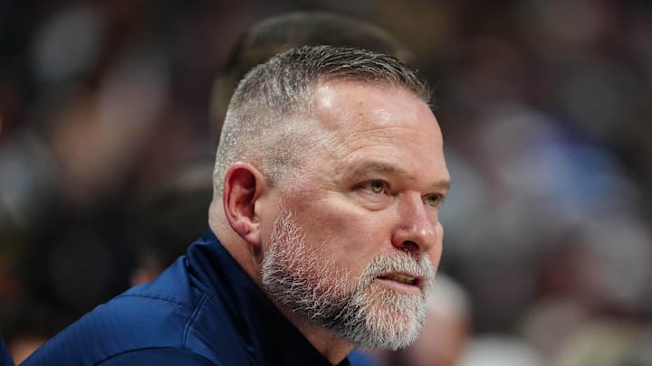 Apr 6, 2025; Denver, Colorado, USA; Denver Nuggets head coach Michael Malone during the second quarter against the Indiana Pacers at Ball Arena. Mandatory Credit: Ron Chenoy-Imagn Images Apr 6, 2025; Denver, Colorado, USA; Denver Nuggets head coach Michael Malone during the second quarter against the Indiana Pacers at Ball Arena. Mandatory Credit: Ron Chenoy-Imagn Images