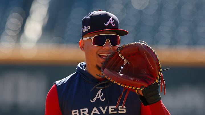 Oct 10, 2022; Atlanta, Georgia, USA; Atlanta Braves catcher William Contreras (24) plays catch during a team workout for the NLDS at Truist Park. Mandatory Credit: Brett Davis-USA TODAY Sports