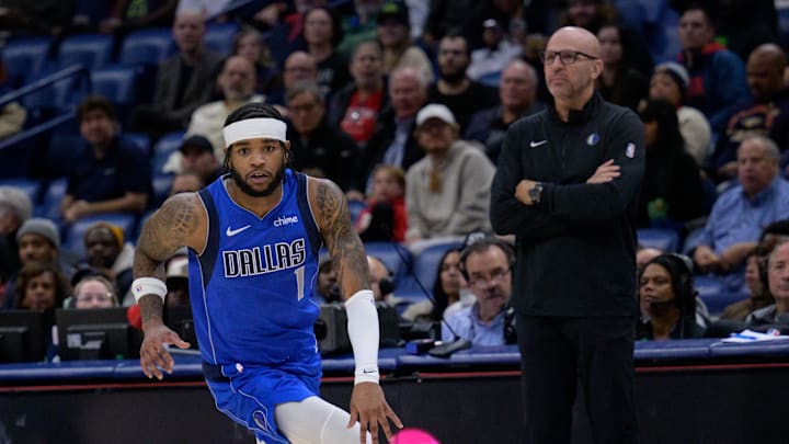 Jan 15, 2025; New Orleans, Louisiana, USA; Dallas Mavericks guard Jaden Hardy (1) dribbles past head coach Jason Kidd during the first half against the Dallas Mavericks at Smoothie King Center. Mandatory Credit: Matthew Hinton-Imagn Images Jan 15, 2025; New Orleans, Louisiana, USA; Dallas Mavericks guard Jaden Hardy (1) dribbles past head coach Jason Kidd during the first half against the Dallas Mavericks at Smoothie King Center. Mandatory Credit: Matthew Hinton-Imagn Images