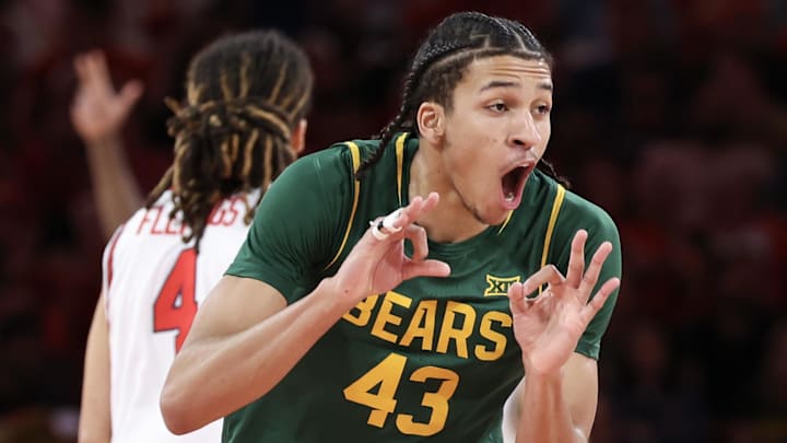 Mar 4, 2026; Houston, Texas, USA;  Baylor Bears guard Cameron Carr (43) reacts to his three point basket against the Houston Cougars in the  first half at Fertitta Center. Mandatory Credit: Thomas Shea-Imagn Images