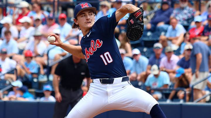 Jun 1, 2025; Oxford, MS, USA; Mississippi Rebels starting pitcher Cade Townsend (10) pitches during the first inning against the Georgia Tech Yellowjackets. Mandatory Credit: Petre Thomas-Imagn Images
