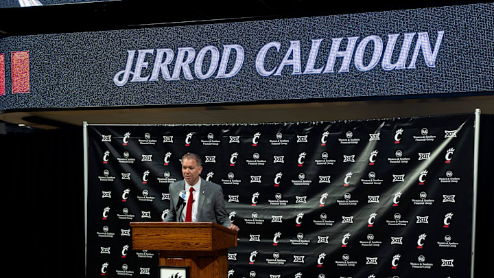 Cincinnati head coach Jerrod Calhoun speaks during a press conference announcing him as the head men's basketball coach at Fifth Third Arena in Cincinnati on Wednesday, March 25, 2026.