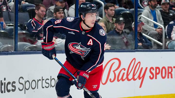 Oct 12, 2023; Columbus, Ohio, USA;  Columbus Blue Jackets defenseman Zach Werenski (8) skates with the puck against the Philadelphia Flyers in the second period at Nationwide Arena. Mandatory Credit: Aaron Doster-Imagn Images