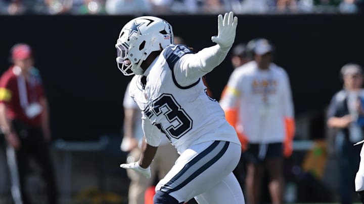 Dallas Cowboys defensive end James Houston reacts after a sack against the New York Jets at MetLife Stadium. 