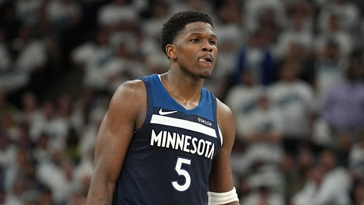 May 26, 2025; Minneapolis, Minnesota, USA; Minnesota Timberwolves guard Anthony Edwards (5) reacts against the Oklahoma City Thunder in the first half during game four of the western conference finals for the 2025 NBA Playoffs at Target Center. Mandatory Credit: Jesse Johnson-Imagn Images