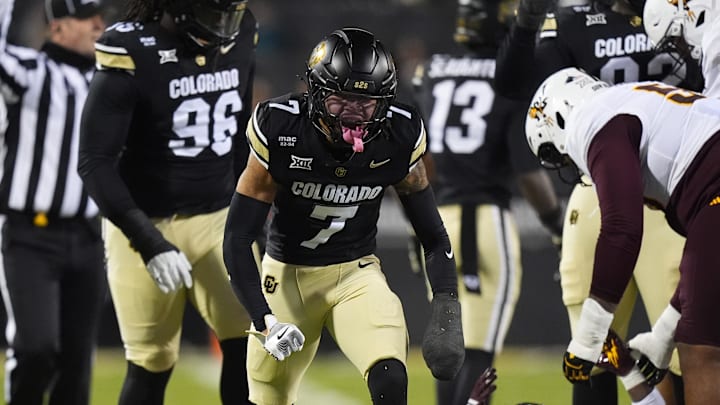Nov 22, 2025; Boulder, Colorado, USA; Colorado Buffaloes defensive back Tawfiq Byard (7) reacts in the first quarter against the Arizona State Sun Devils at Folsom Field. Mandatory Credit: Ron Chenoy-Imagn Images