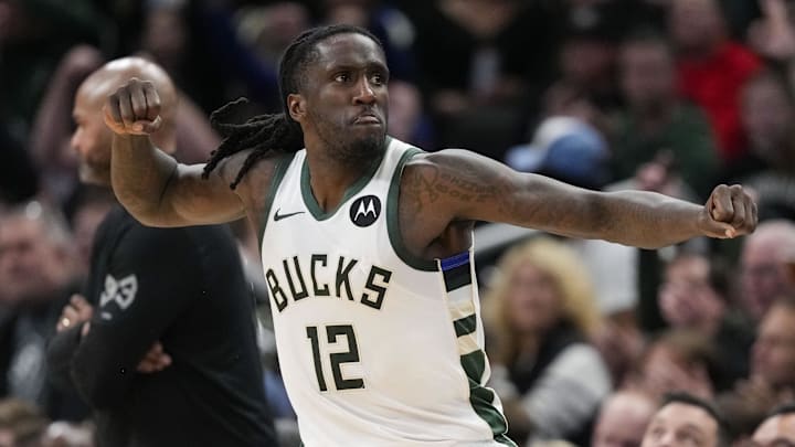 Milwaukee Bucks forward Taurean Prince (12) celebrates after scoring a basket during the fourth quarter against the Detroit Pistons at Fiserv Forum on November 13, 2024.