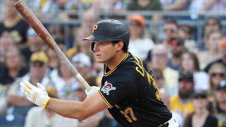 Jun 13, 2026; Pittsburgh, Pennsylvania, USA;  Pittsburgh Pirates right fielder Tyler Callihan (37) hits a single against the Miami Marlins during the eighth inning at PNC Park. Mandatory Credit: Charles LeClaire-Imagn Images
