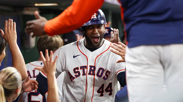 Houston Astros left fielder Yordan Alvarez (44) celebrates in the dugout. Houston Astros left fielder Yordan Alvarez (44) celebrates in the dugout.