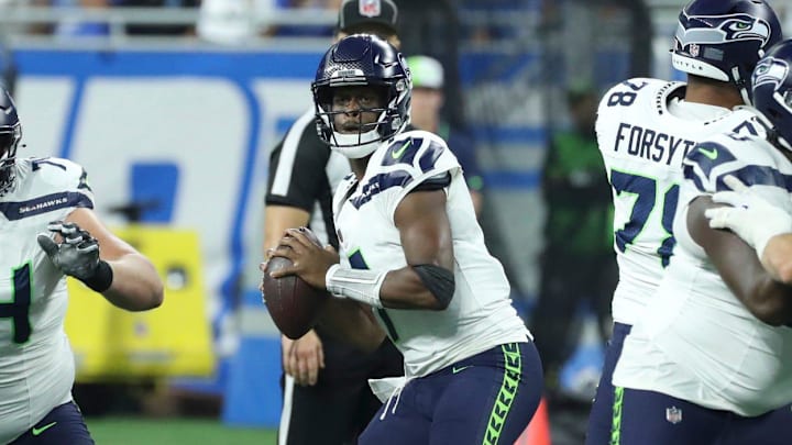 Seattle Seahawks quarterback Geno Smith (7) looks to pass against the Detroit Lions during first half action Sunday, Sept.17 2023. Seattle Seahawks quarterback Geno Smith (7) looks to pass against the Detroit Lions during first half action Sunday, Sept.17 2023.