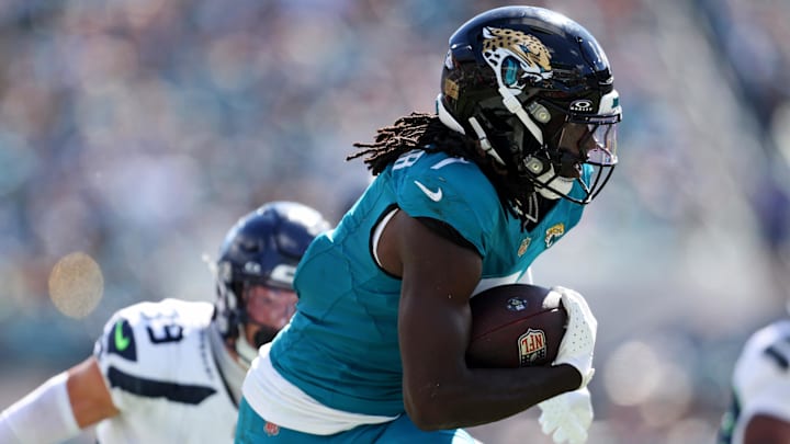Oct 12, 2025; Jacksonville, Florida, USA; Jacksonville Jaguars wide receiver Brian Thomas Jr. (7) scores a touchdown that is called back for a flag during the second half against the Seattle Seahawks at EverBank Stadium. Mandatory Credit: Morgan Tencza-Imagn Images