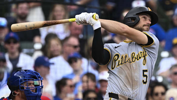 Apr 12, 2026; Chicago, Illinois, USA;  Pittsburgh Pirates second baseman Brandon Lowe (5) hits a grand slam during the second inning against the Chicago Cubs at Wrigley Field. Mandatory Credit: Matt Marton-Imagn Images
