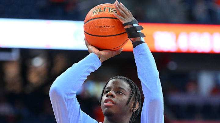 Feb 21, 2026; Syracuse, New York, USA; North Carolina Tar Heels forward Caleb Wilson (8) shoots prior to the game against the Syracuse Orange at the JMA Wireless Dome. Mandatory Credit: Rich Barnes-Imagn Images