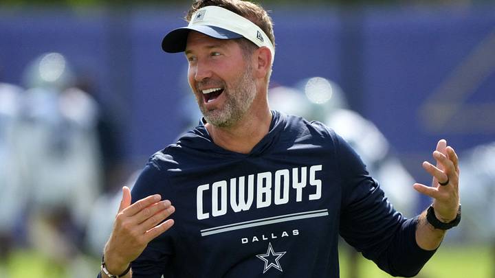 Dallas Cowboys head coach Brian Schottenheimer reacts during a joint practice against the Los Angeles Rams.