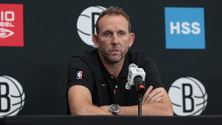 Sep 26, 2022; Brooklyn, NY, USA; Brooklyn Nets general manager Sean Marks talks to the media during media day at HSS Training Center. Mandatory Credit: Vincent Carchietta-Imagn Images