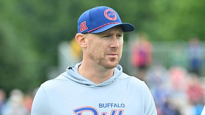 Jul 29, 2026; Rochester, NY, USA; Buffalo Bills head coach Joe Brady leaves the field after a training camp session at St. John Fisher University. Mandatory Credit: Mark Konezny-Imagn Images