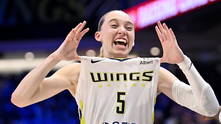 Sep 11, 2025; Arlington, Texas, USA; Dallas Wings guard Paige Bueckers (5) celebrates after the game against the Phoenix Mercury at College Park Center. Mandatory Credit: Jerome Miron-Imagn Images Sep 11, 2025; Arlington, Texas, USA; Dallas Wings guard Paige Bueckers (5) celebrates after the game against the Phoenix Mercury at College Park Center. Mandatory Credit: Jerome Miron-Imagn Images