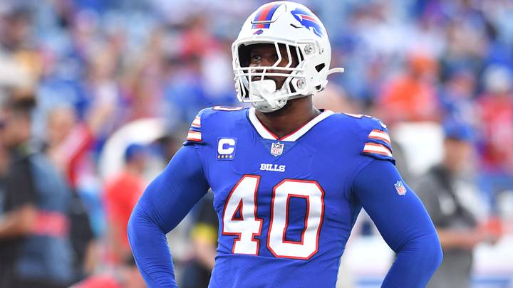 Buffalo Bills linebacker Von Miller warms up before a game against the Tennessee Titans at Highmark Stadium. Buffalo Bills linebacker Von Miller warms up before a game against the Tennessee Titans at Highmark Stadium.