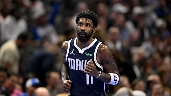 Nov 19, 2024; Dallas, Texas, USA; Dallas Mavericks guard Kyrie Irving (11) runs up court during the first quarter against the New Orleans Pelicans at the American Airlines Center. Mandatory Credit: Jerome Miron-Imagn Images