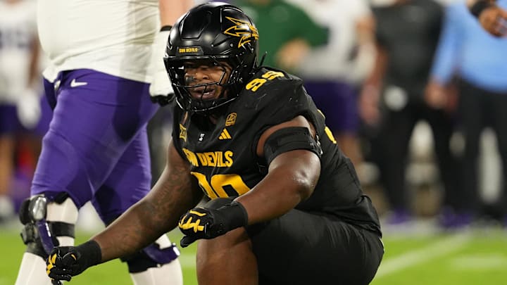Sep 26, 2025; Tempe, Arizona, USA; Arizona State Sun Devils defensive lineman C.J. Fite (99) celebrates tackle for loss against Arizona State Sun Devils in the first half at Mountain America Stadium, Home of the ASU Sun Devils. Mandatory Credit: Jacob Reiner-Imagn Images