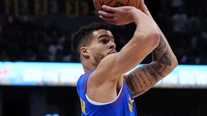 May 3, 2025; Denver, Colorado, USA; Denver Nuggets forward Michael Porter Jr. (1) lines up a three point score in the third quarter against the LA Clippers during game seven of first round for the 2025 NBA Playoffs at Ball Arena. Mandatory Credit: Ron Chenoy-Imagn Images