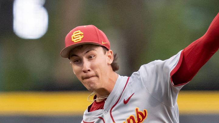 USC pitcher Mason Edwards throws a pitch as the Oregon Ducks host the USC Trojans on May 14, 2026, in Eugene, Oregon.