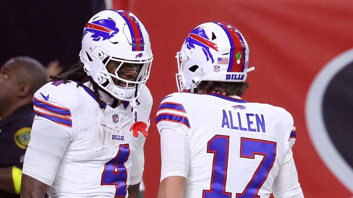 Nov 20, 2025; Houston, Texas, USA; Buffalo Bills running back James Cook III (4) celebrates with quarterback Josh Allen (17) after scoring a touchdown against the Houston Texans in the first quarter at NRG Stadium. Mandatory Credit: Troy Taormina-Imagn Images