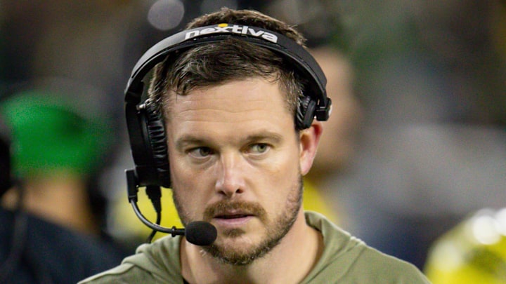 Oregon head coach Dan Lanning breaks from a huddle as the No. 6 Oregon Ducks host the USC Trojans Saturday, Nov. 11, 2023, at Autzen Stadium in Eugene, Ore.