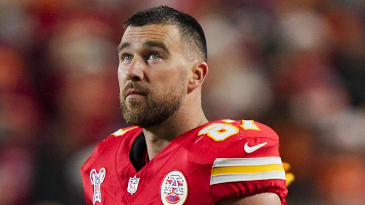 Dec 25, 2025; Kansas City, Missouri, USA; Kansas City Chiefs tight end Travis Kelce (87) reacts during the second half against the Denver Broncos at GEHA Field at Arrowhead Stadium. Mandatory Credit: Jay Biggerstaff-Imagn Images